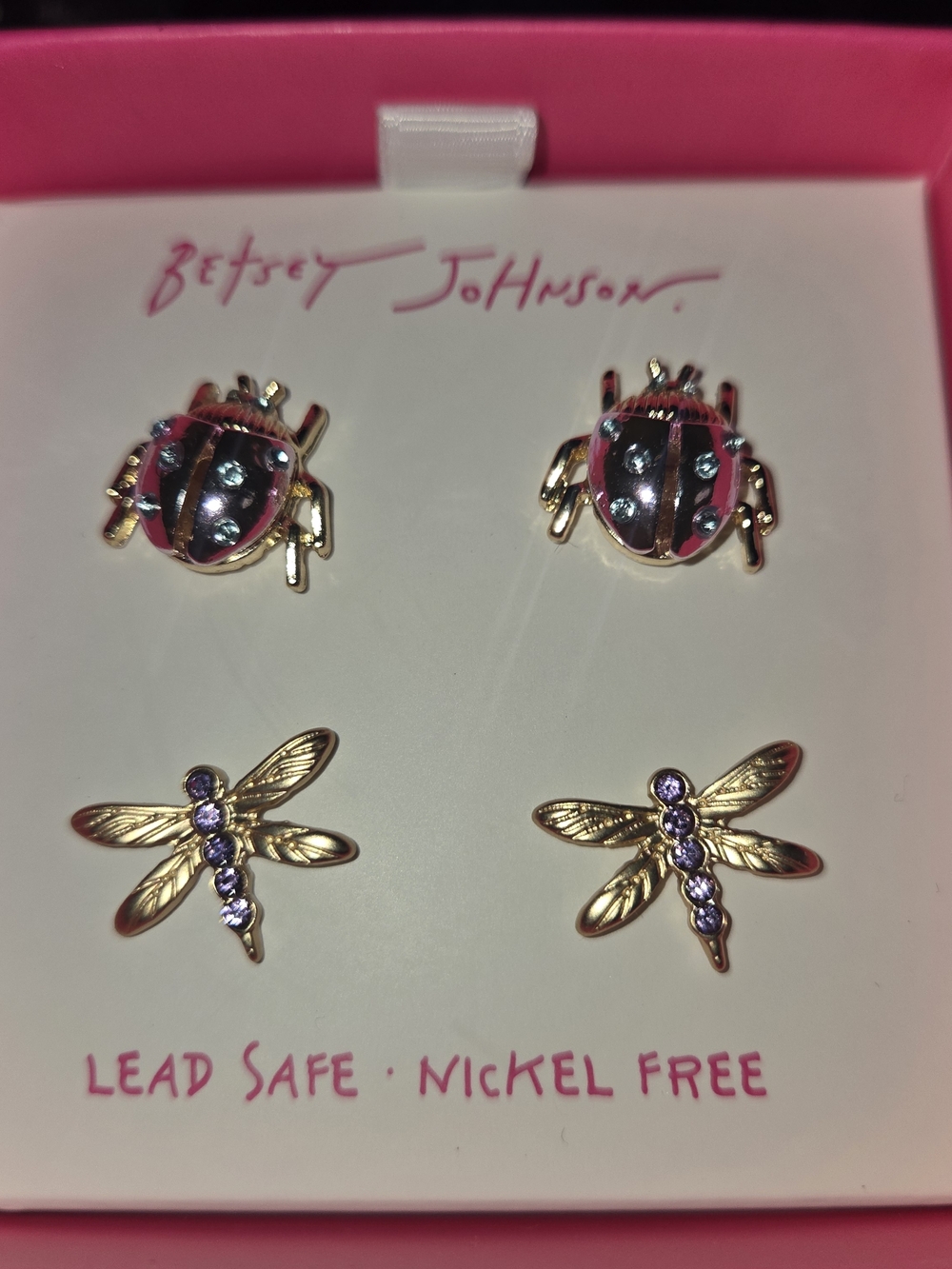 Betsey Johnson Pink & Black Ladybug and Gold Dragonfly Stud Earring Set